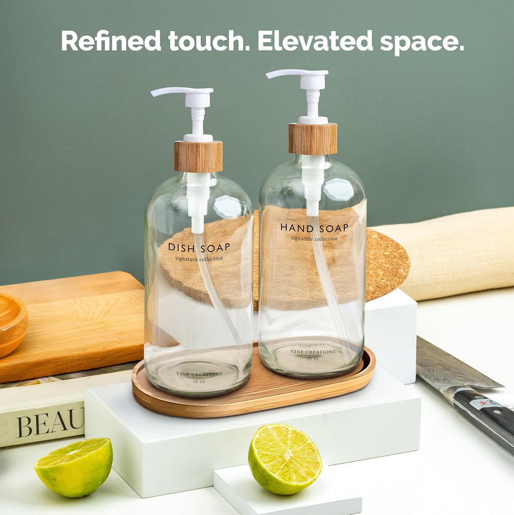 Vine Creations Clear Glass Soap Dispenser Set, Hand Soap and Dish Soap Dispenser Set with Bamboo Tray, 16 oz Glass Dispensers Bottle for Kitchen and Bathroom Decor Modern Boho with Bamboo Pump (Clear)