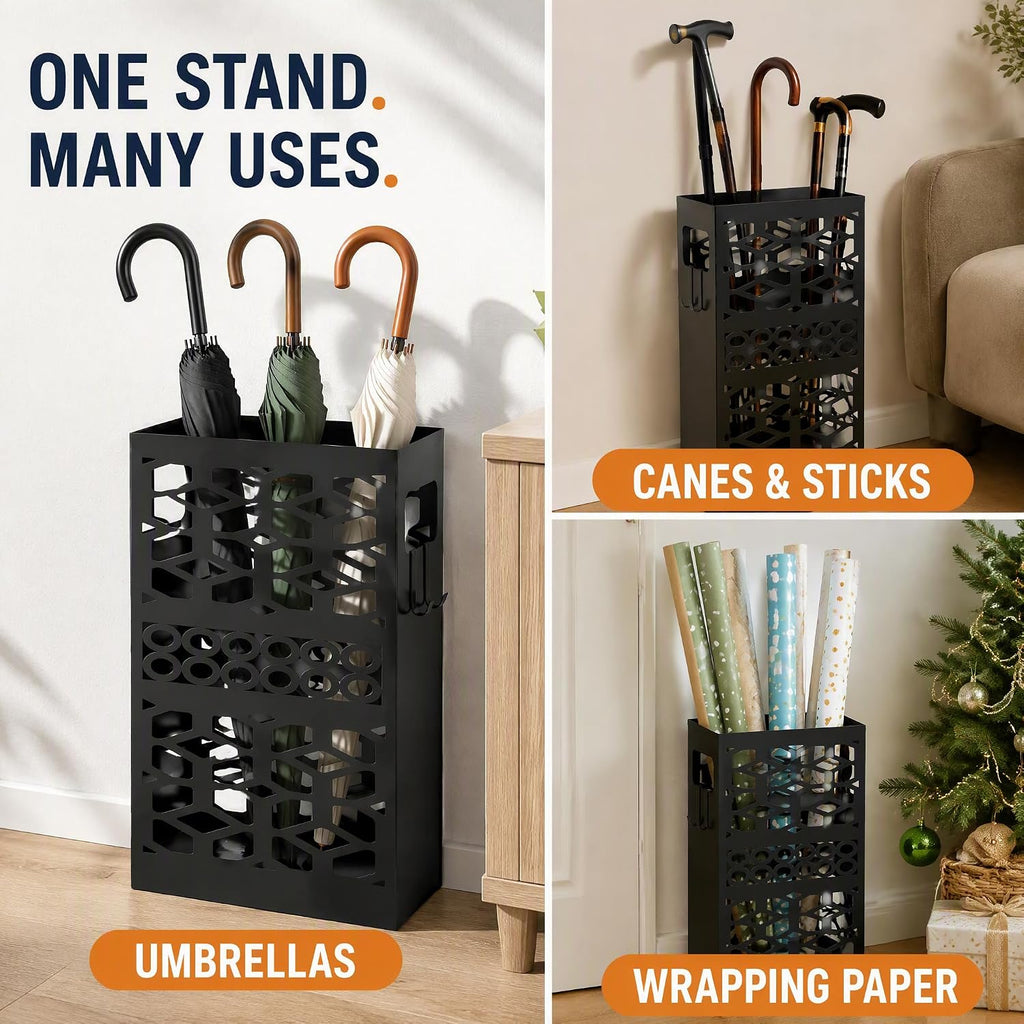 ZENFUN Rectangle Metal Umbrella Stand with 2 Hooks, Entryway Umbrella Holder & Walking Cane Storage, Umbrella Organizer Freestanding for Home, Office, Hotel, Black