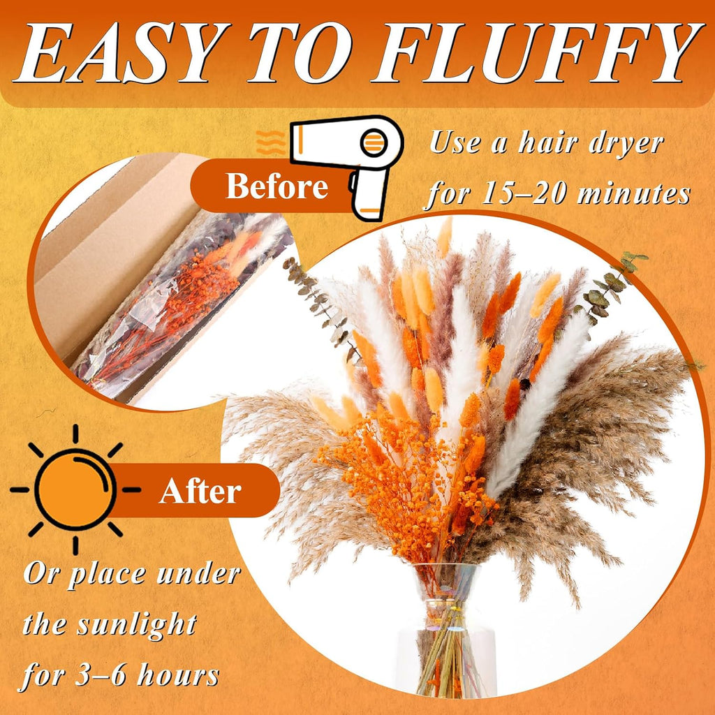 120Pcs 17" Orange Dried Pampas Grass Bouquet, Boho Floral Home Decor