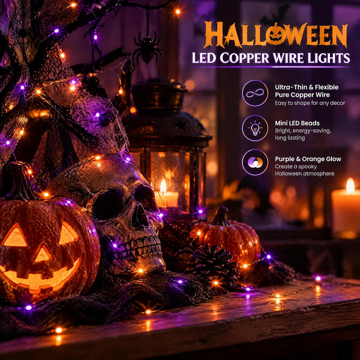 Dazzle Bright Purple and Orange Halloween Fairy String Lights, 4 Pack Total 80FT 240LED Copper Wire Battery Operated Waterproof Lights, Halloween Decorations for Indoor Home Patio Yard Party Decor