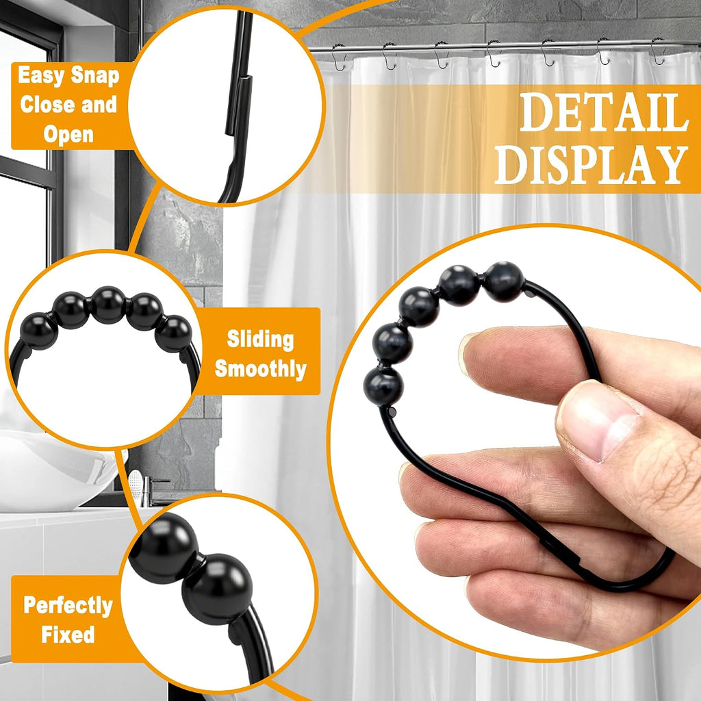 Shower Curtain Hooks Rings,12 Pcs Decorative Rustproof Metal Shower Hooks for Shower Curtain,Free Sliding Shower Hooks for Bathroom Shower Rods,Easy Snap Shower Rings for Curtain (Black)