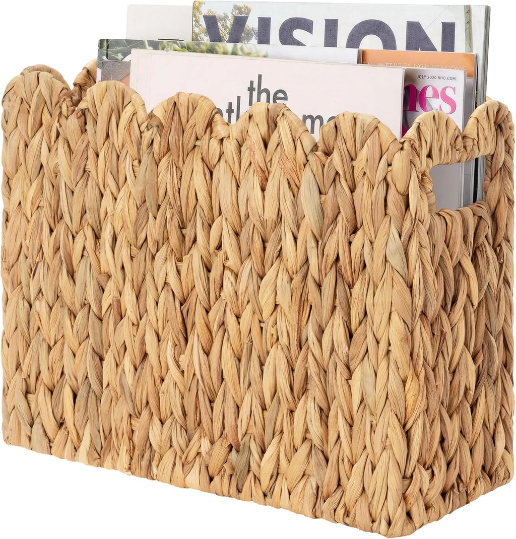 StorageWorks Scalloped Magazine Basket, Wicker Magazine Holder, Book Basket