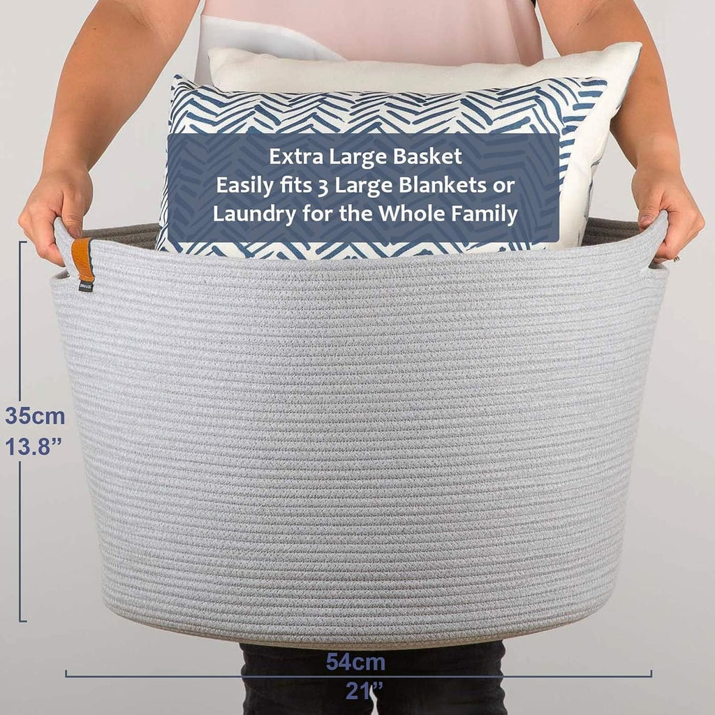DENJA & CO Extra Large Woven Basket for Storage | Organize Pillows, Toys, and Laundry | Cotton Rope Storage Basket for Blankets, Towels and Nursery Storage | Light Gray (21 inches x 13.8 inches)