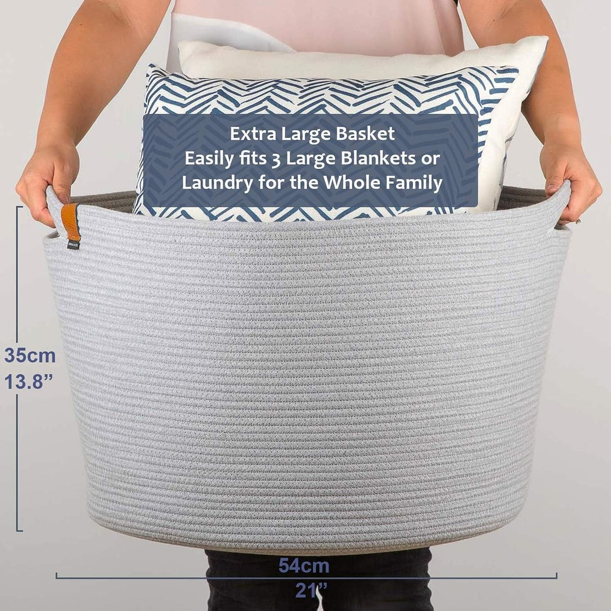 DENJA & CO Extra Large Woven Basket for Storage | Organize Pillows, Toys, and Laundry | Cotton Rope Storage Basket for Blankets, Towels and Nursery Storage | Light Gray (21 inches x 13.8 inches)