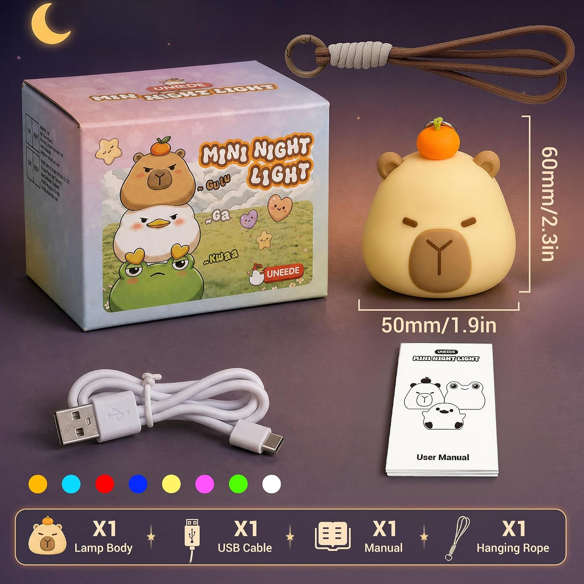 UNEEDE Mini Capybara Night Light with Lanyard, 8 Color Changing Rechargeabl