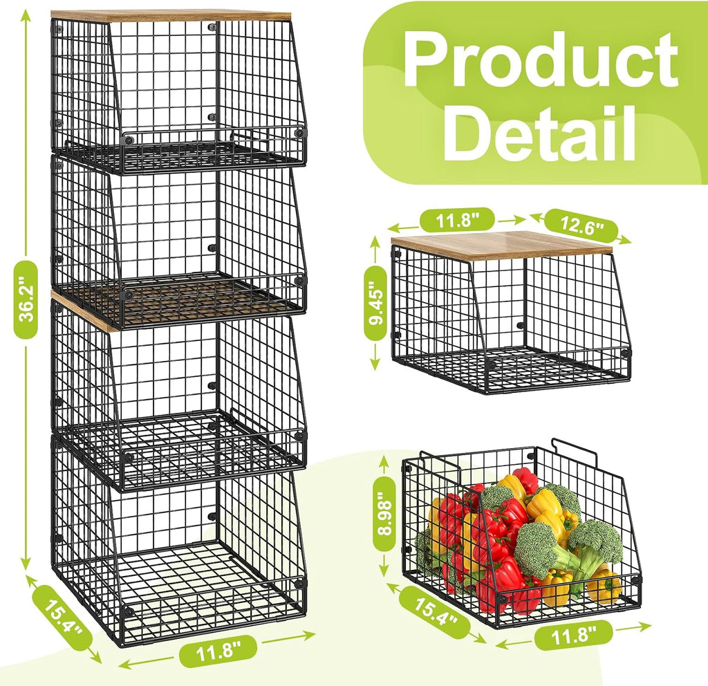 Jakyitvi 4 Pack Stackable Wire Baskets with Fixed Wooden Top, Vegetable Fruit Storage Bins for Onion Potato Snack, Pantry Baskets for Kitchen Cabinet Countertop, Pantry Organizers and Storage Rack