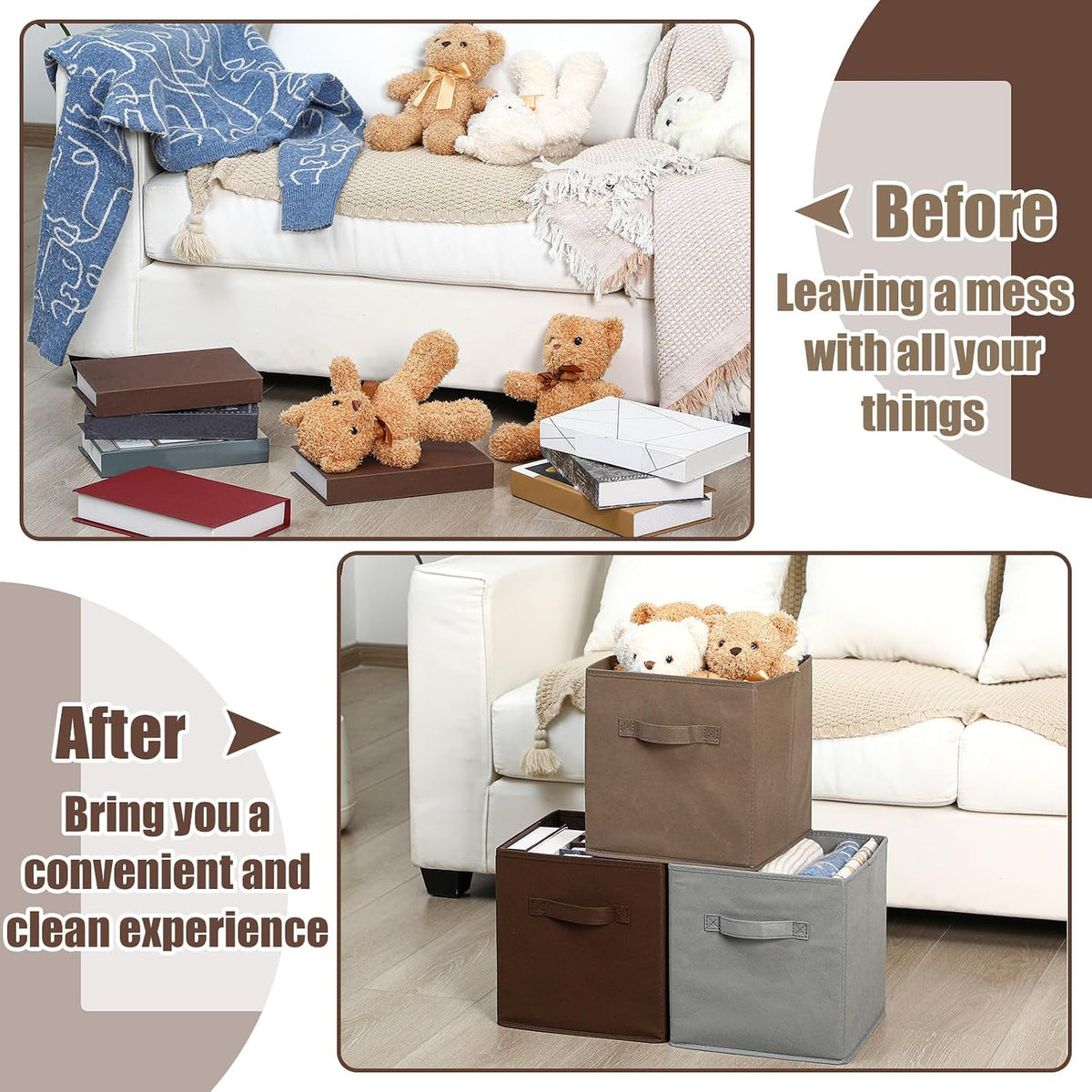 Karenhi 6 Pack Cube Storage Bins, Brown Gray Fabric Organizer