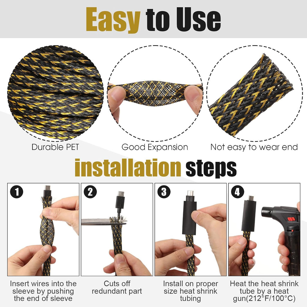 Tatuo 151 ft Braided Cable Sleeve Expandable Wire Sheathing(Gold, Black)