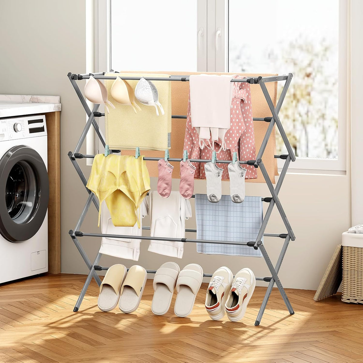 KINGBOARD Clothes Drying Rack, 3-Tier Foldable Extendable, Grey