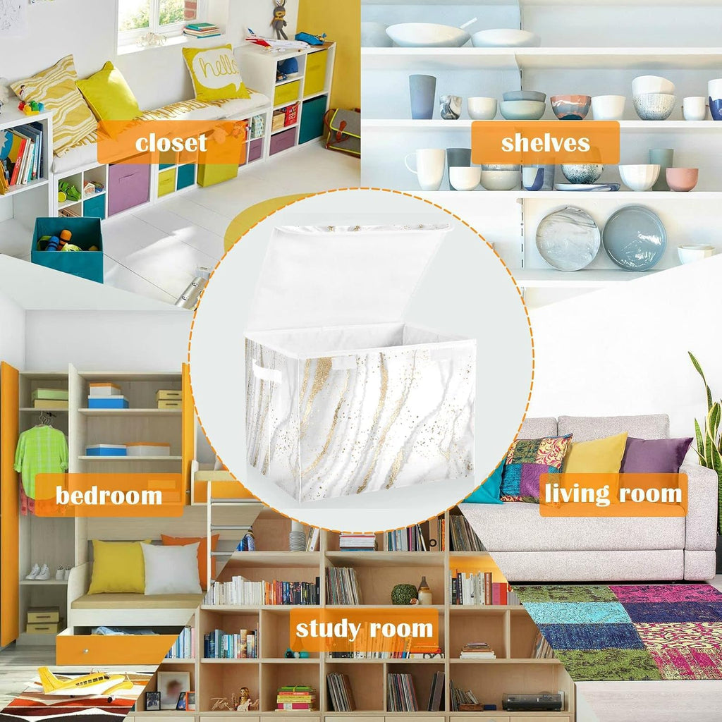 CaTaKu Large Fabric Storage Bins With Lids, Gold White Marble Storage Boxes With Handles for Organizing Clothes, Collapsible Storage Cube Bins Baskets for Shelves