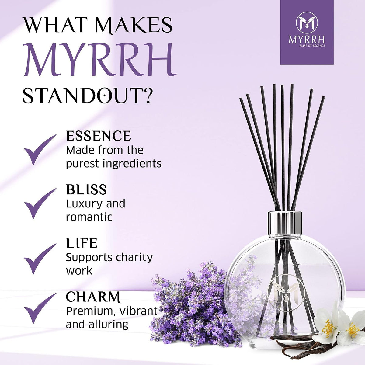 Lavender Blossom Scented Reed Diffuser Set with 8 Rattan Diffuser Sticks, 150 ml, All Natural Air Freshener, Long-Lasting Diffusers at Home - MyrrhUSA