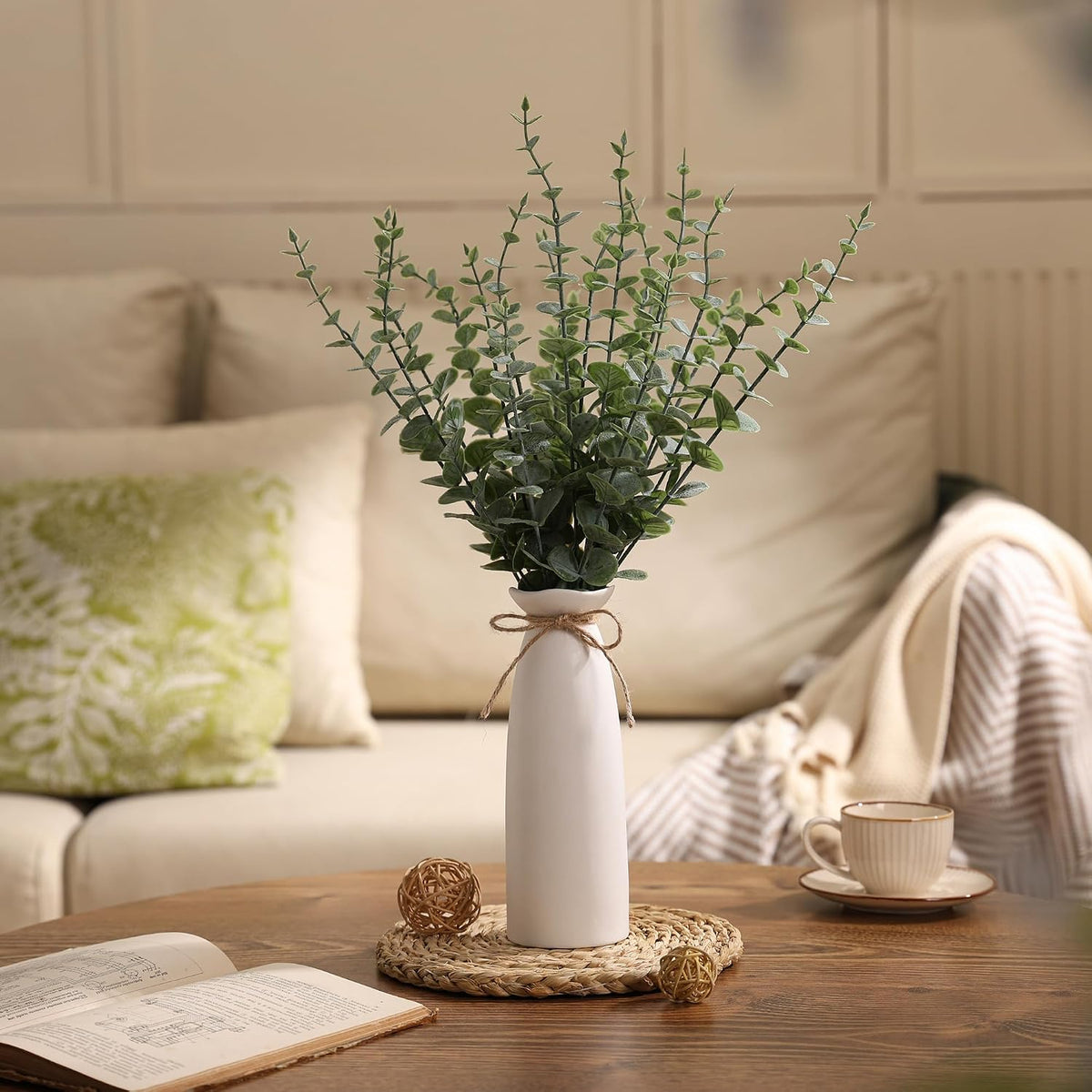 Vase with Greenery, 20pcs Artificial EucalyptusStems in White Vase, Boho Home Decor Plant, 19" Decorative Fake Plants for Home Farmhouse Mantle Centerpiece Decor