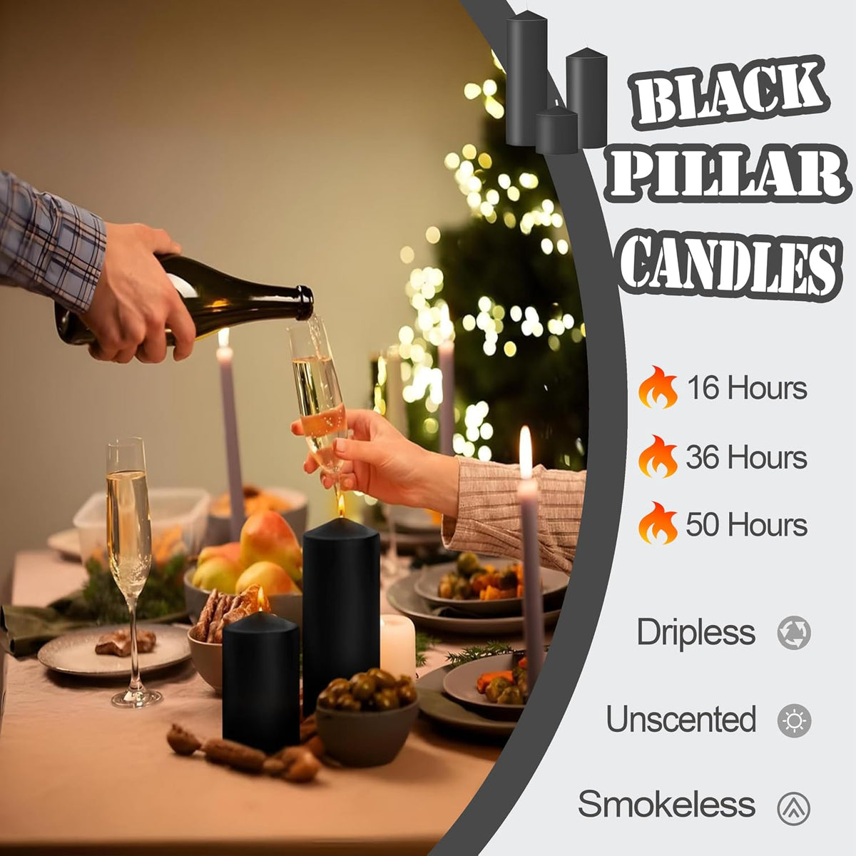 18 Pcs Black Pillar Candles Bulk Set，Hurricane Candles，3 Different Lengths (6 Each)，Dripless Unscented Smokeless，Gives You a Better Atmosphere When Organizing Wedding or Event Party.