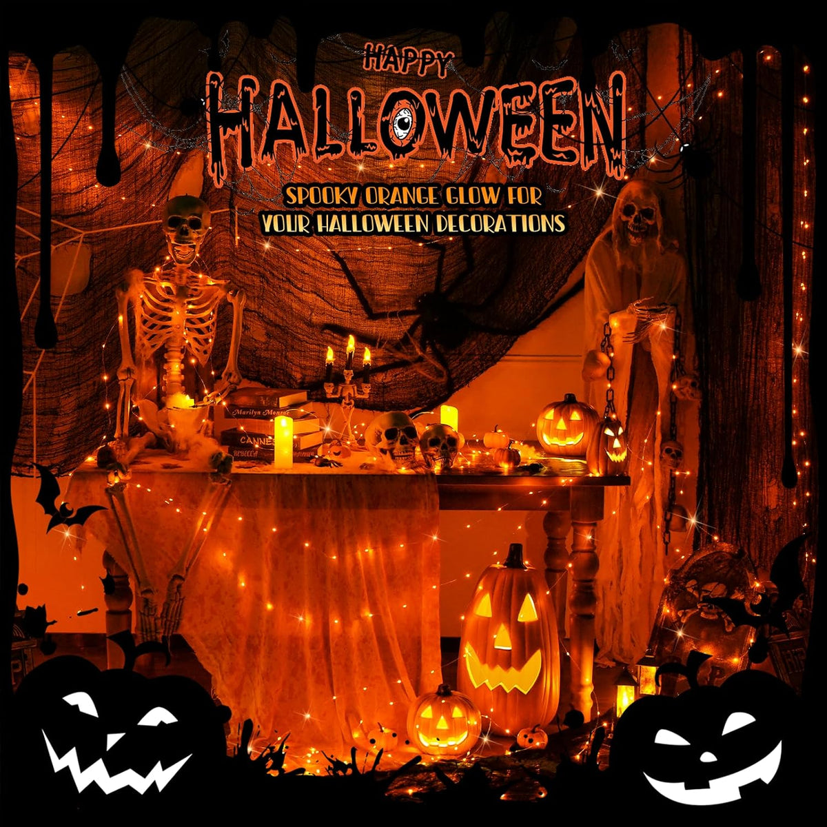 JMEXSUSS 8 Pack 50 LED Orange Halloween Lights Battery Operated