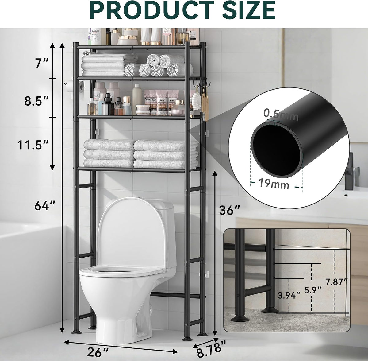 GloTika 4-Tier Over The Toilet Storage Shelves, Black