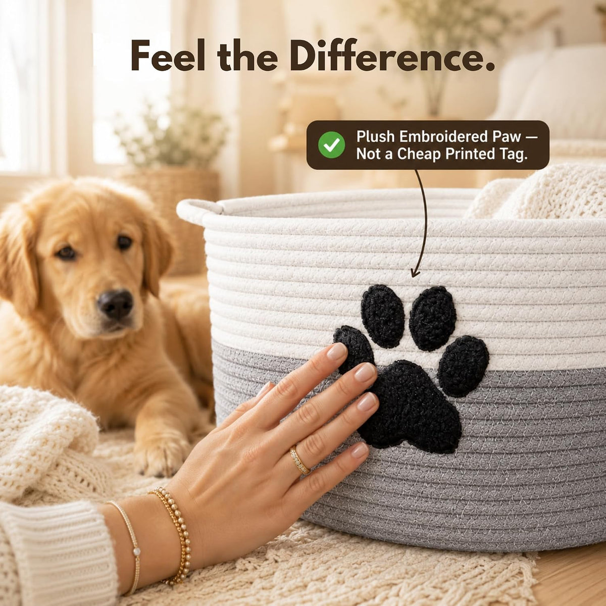 Dog Toy Basket with Handles, Grey Cotton Rope Storage Bin Organizer