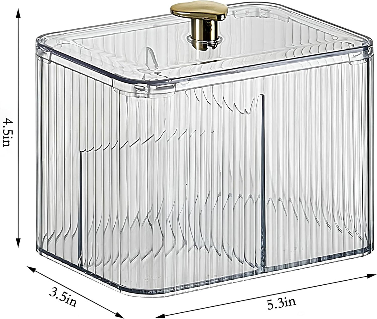 1 Pack 3-Section Clear Qtip Holder with Dustproof Lid, Bathroom Cotton Ball and Qtip Organizer, Cotton Swab Container for Vanity Canisters Jars for Countertop Storage and Organization (Clear-White)