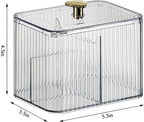 1 Pack 3-Section Clear Qtip Holder with Dustproof Lid, Bathroom Cotton Ball and Qtip Organizer, Cotton Swab Container for Vanity Canisters Jars for Countertop Storage and Organization (Clear-White)