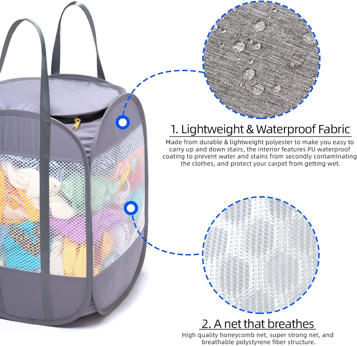 Pop-Up Laundry Hamper with YKK Zipper Lid, 1.5 Loads, Reinforced Handles