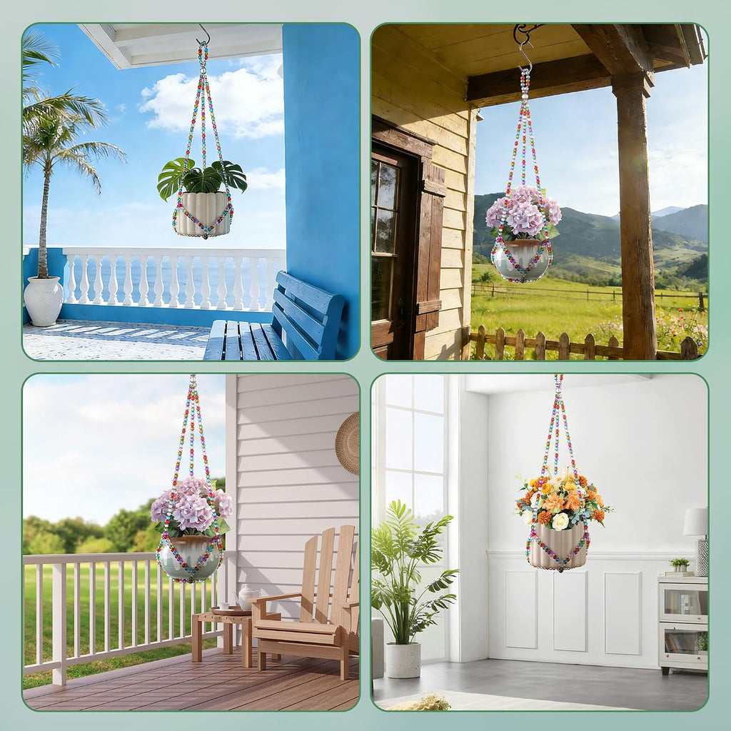 17''，2 Pack Macrame Plant Hanger, Handmade Glass Bead Plant Hanger Colorful Decorative Bohemian Hanging Planter Holder for Indoor and Outdoor Home Garden Decor. Includes Two Hooks.