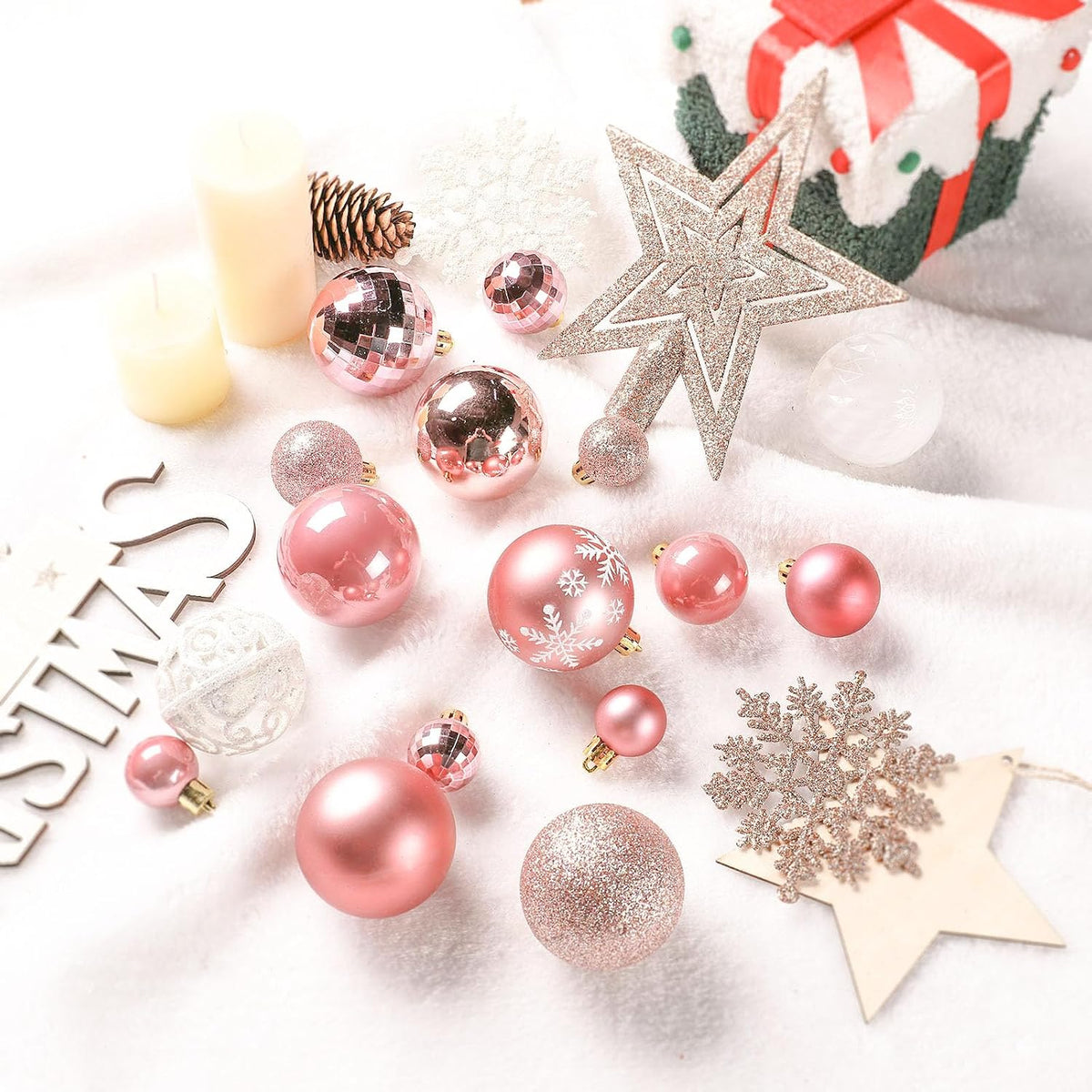 95Pcs Christmas Ball Ornaments Set,Neutral Christmas Tree Decoration Gift, Seasonal Decorative Hanging Ornament Set with Hand-held Gift Package for Xmas Tree (Rose Gold)