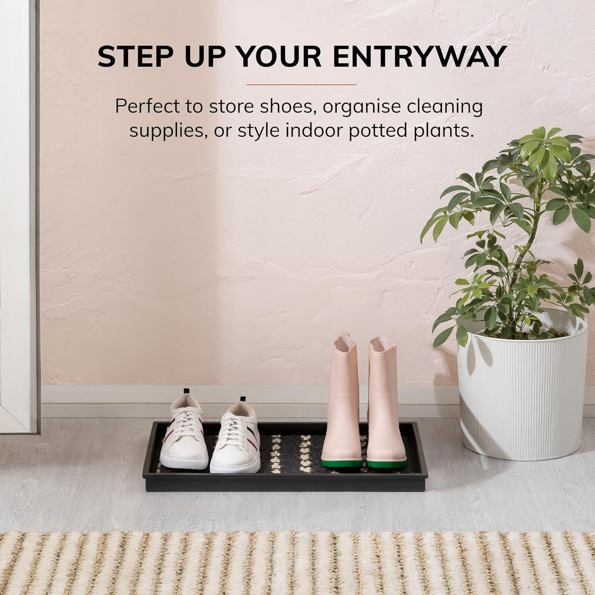 Anji Mountain Heavy Duty Waterproof Rubber Shoe Storage Mat Organizer/Boot Storage Multi Use for Entryway with Coir, Gray and Ivory Insert, Fits 2 Pair (24.5" Wide)