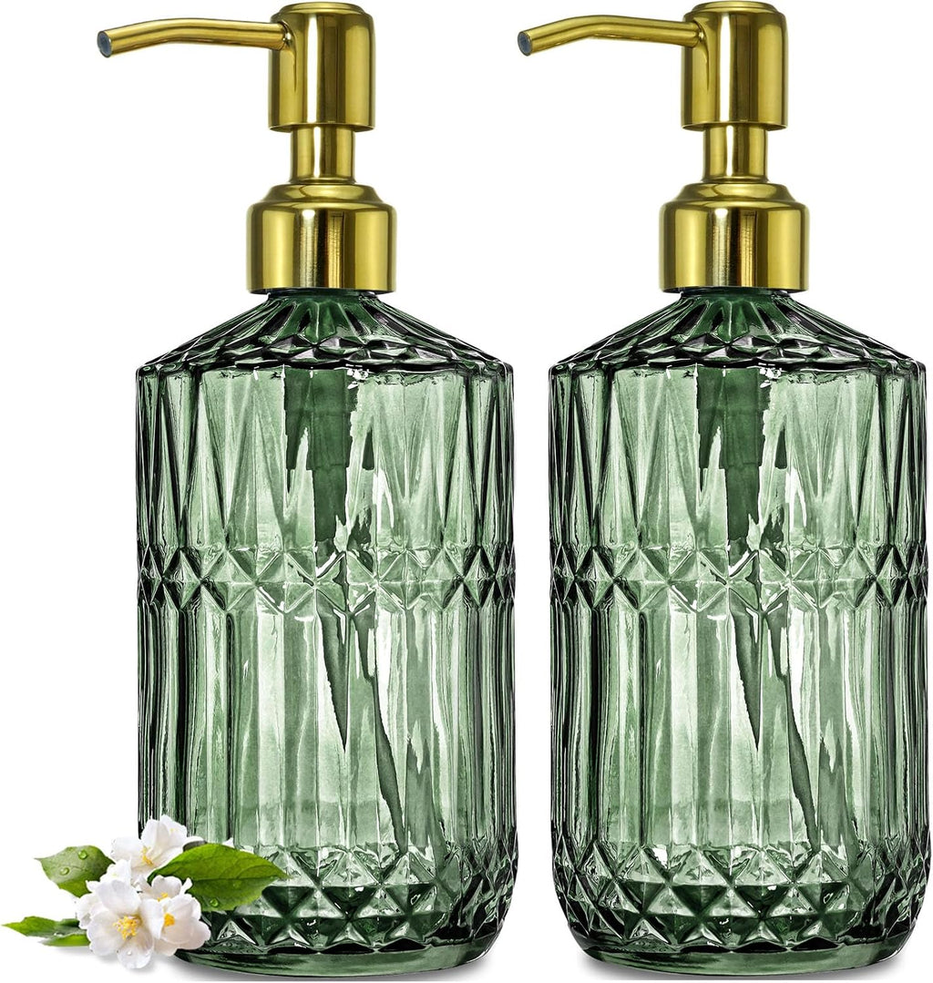 JASAI 2Pack 18Oz Green Glass Soap Dispenser with Gold Rust Proof Pump