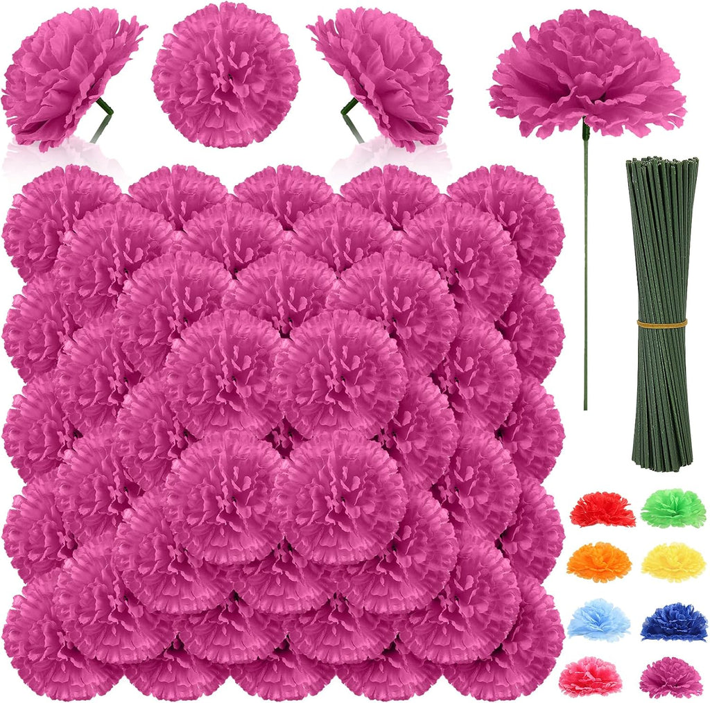108pcs Carnation Artificial Flowers with Stems, 3.5" Fushia Carnations