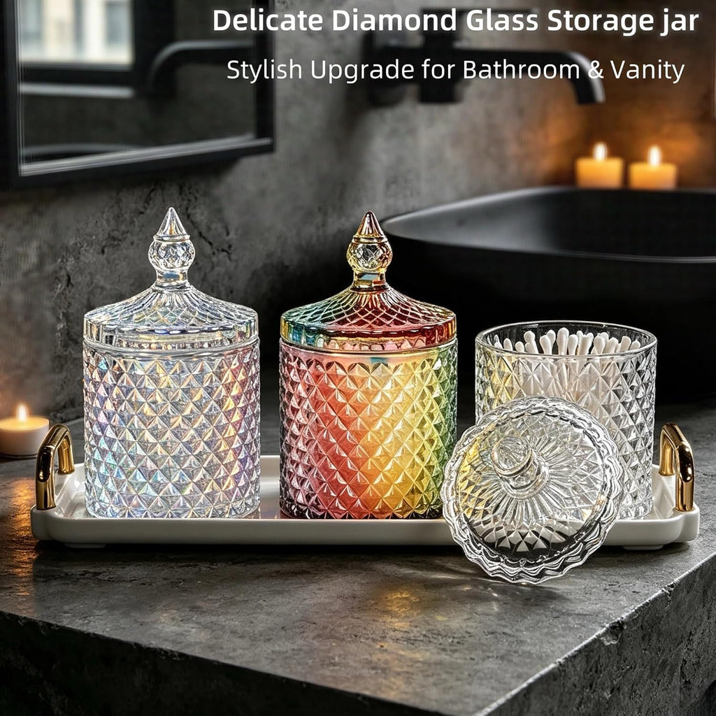3 Pack Q-tip Holder Thick Glass Apothecary Jars with Lids & Tray For Bathroom Decor Suitable for Cotton Swabs, Balls, Pads, Floss Picks, Candy, Jewelry and Desk Decoration