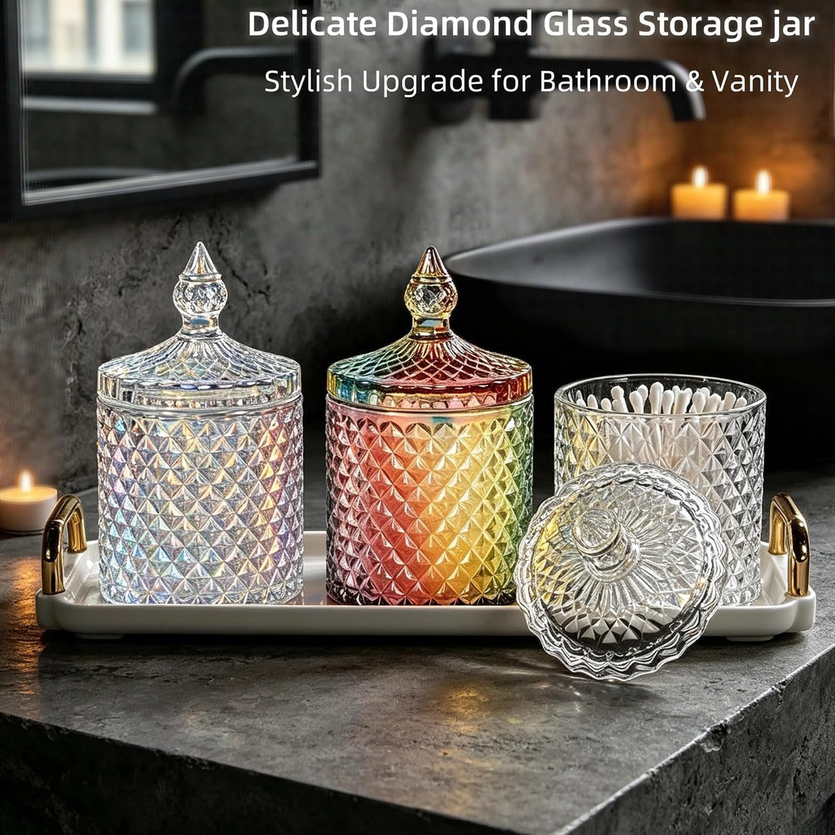 3 Pack Q-tip Holder Thick Glass Apothecary Jars with Lids & Tray For Bathroom Decor Suitable for Cotton Swabs, Balls, Pads, Floss Picks, Candy, Jewelry and Desk Decoration