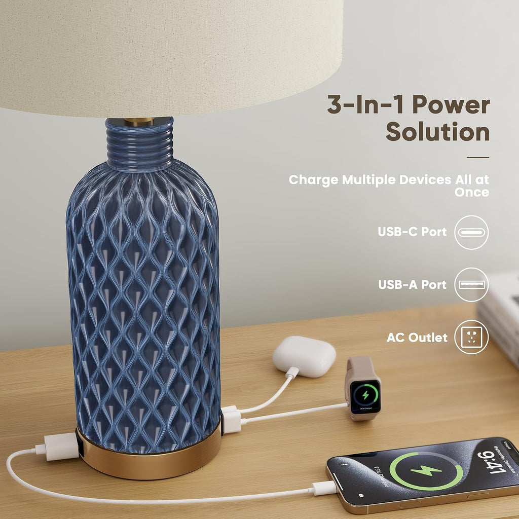 SIBRILLE 25" Ceramic Table Lamps Set of 2, Blue, USB-C/USB-A & AC Outlet