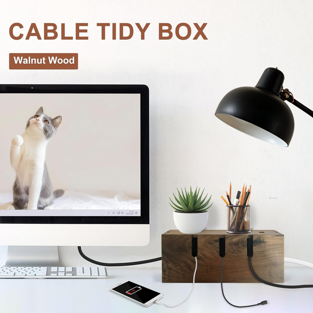 Walnut Wood Cable Management Box for Power Strip, Magnetic Lid