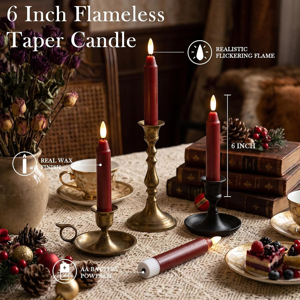 6Inch Flameless Taper Candles with Remote & 6 Batteries, Burgundy