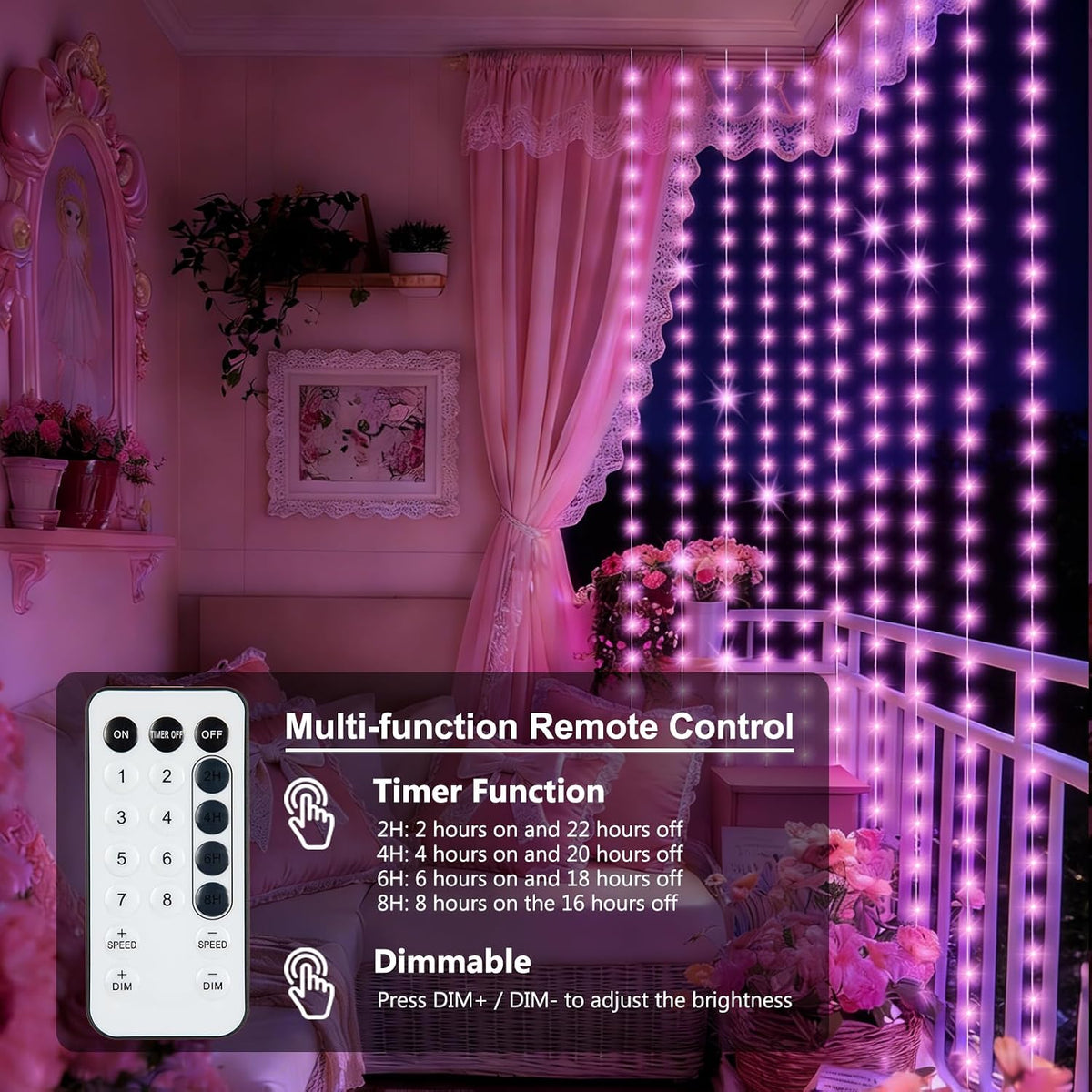 echosari Curtain Lights Battery Operated 9.8 x 9.8Ft with Timer Pink