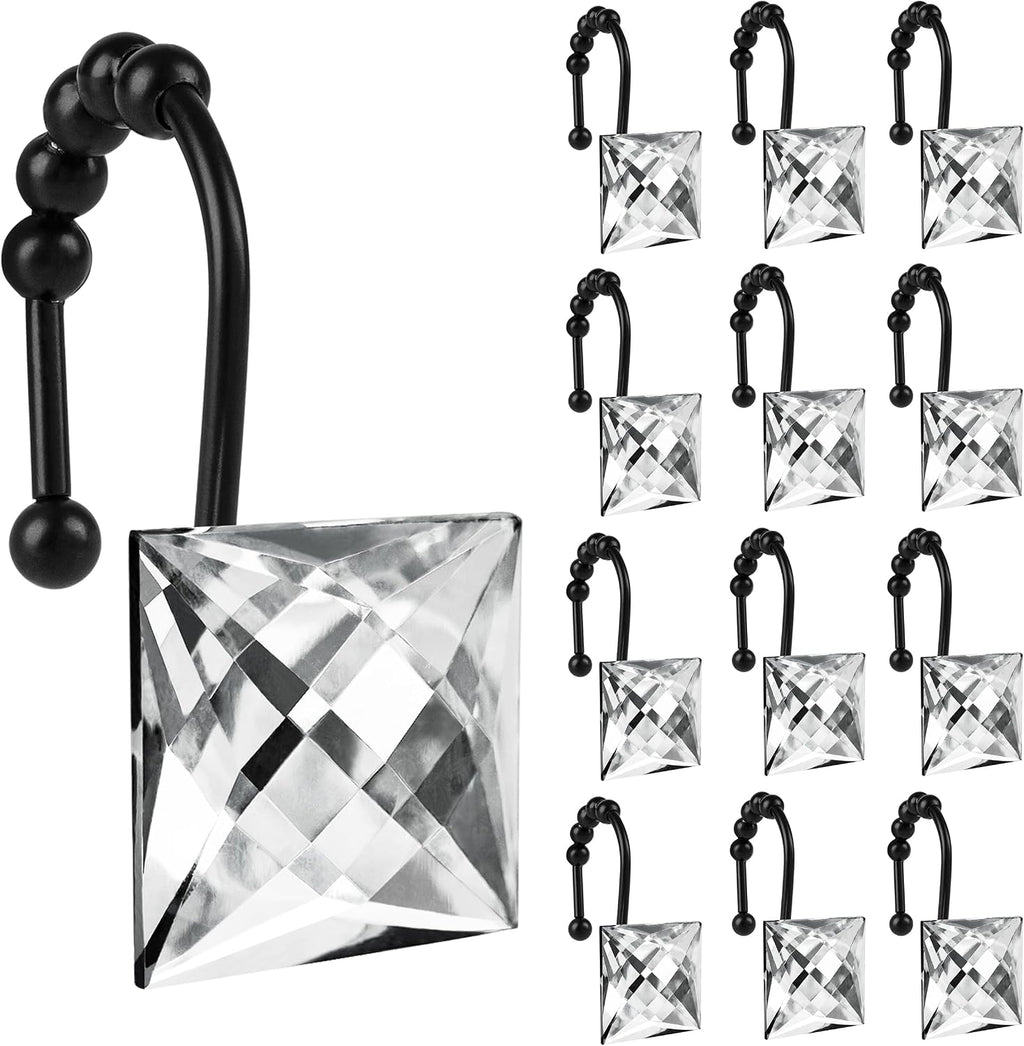Sunlit Square Rhinestone Shower Curtain Hooks with Glide Balls, 12 Pack