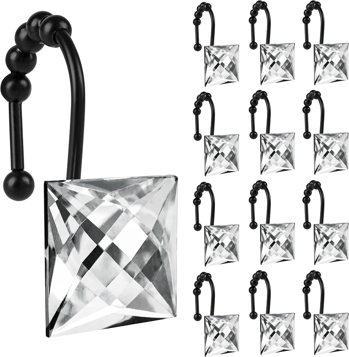 Sunlit Square Rhinestone Shower Curtain Hooks with Glide Balls, 12 Pack