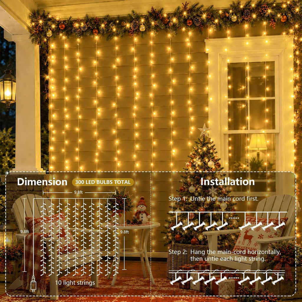 YEGUO 300 LED Warm White Christmas Lights, Curtain Lights Plug in, 8 Modes Hanging String Lights for Bedroom Wall Window Backdrop Indoor Outdoor Party Xmas Decorations-9.8x9.8ft