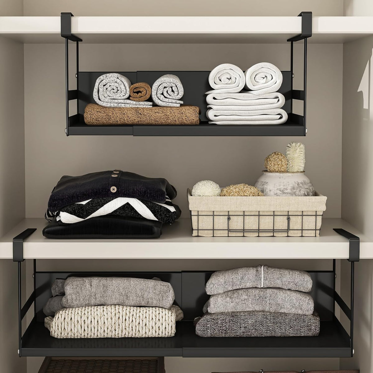 Expandable Under Cabinet Shelf Organizer with 0.94-Inch Thick Clips, Heavy Duty Extendable Under Shelf Storage Basket for Pantry or Laundry Room, Black, 1 Pack, Interior: 5.7" H x 7.2" D
