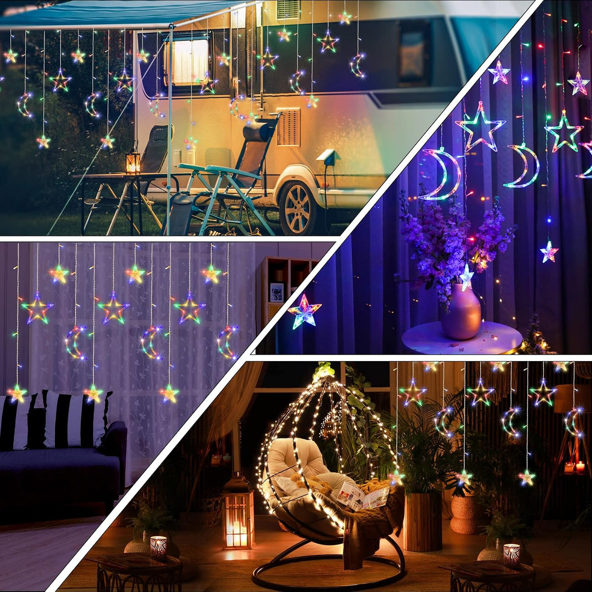 Moon and Stars Decor Curtain Lights, 11.5ft String Lights for Bedroom, Christmas, Ramadan Decor, Indoor LED Fairy Twinkle Light, Battery Operated or USB Plug-in