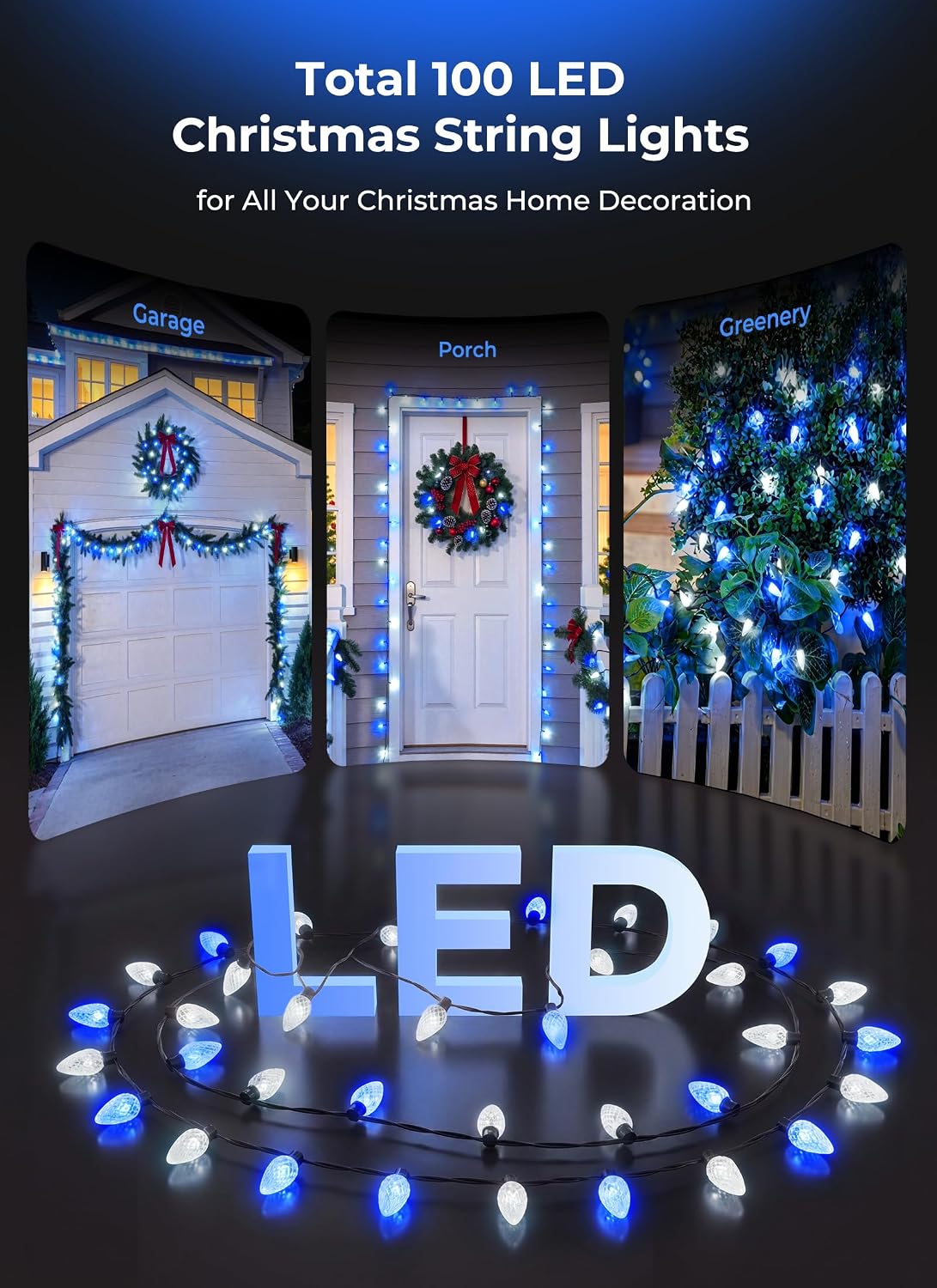 2 Pack Total 100 LED C6 Battery Operated Christmas Lights Blue & White