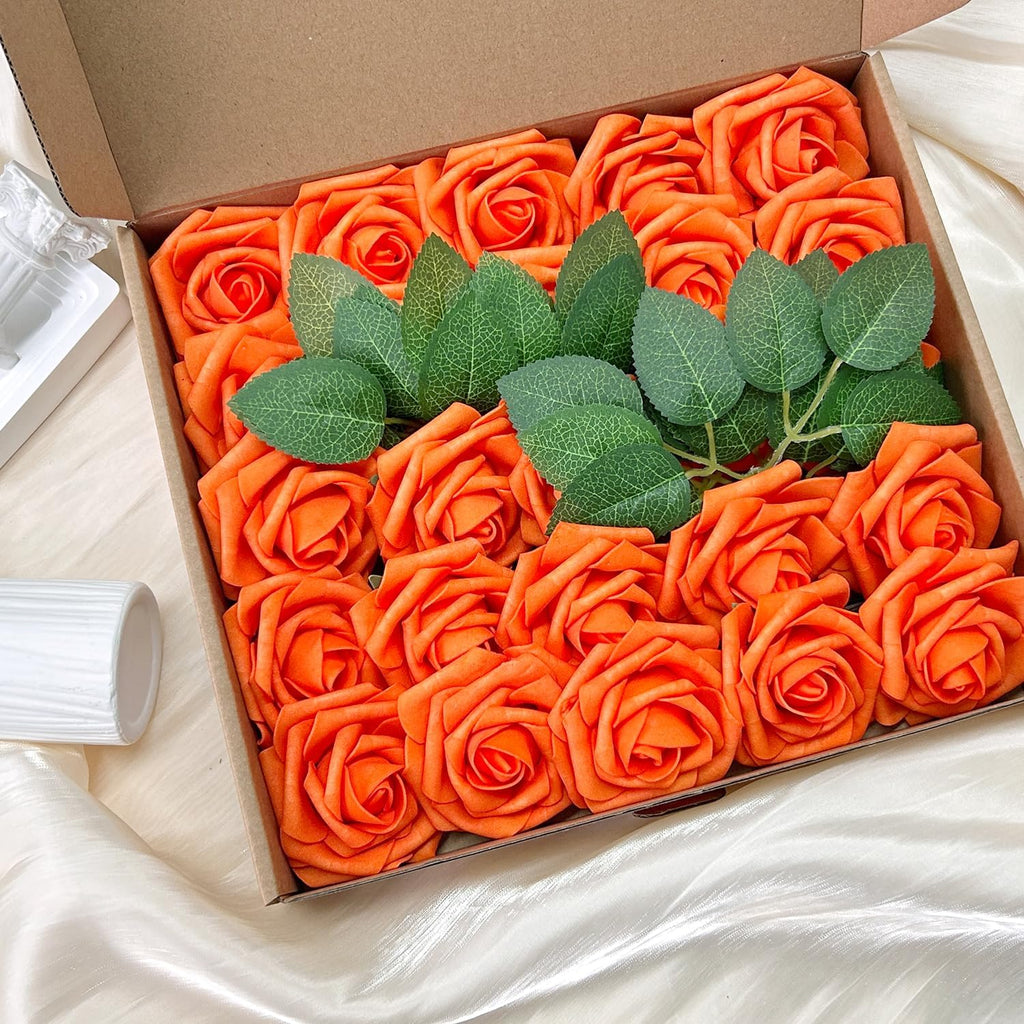 50pcs Artificial Flowers Foam Fake Rose with Stems 12 Leaves Real Looking Bright Orange Faux Roses for Wedding Bouquets Bridal Shower Centerpieces Arrangements Party Tables Decorations DIY (Orange)