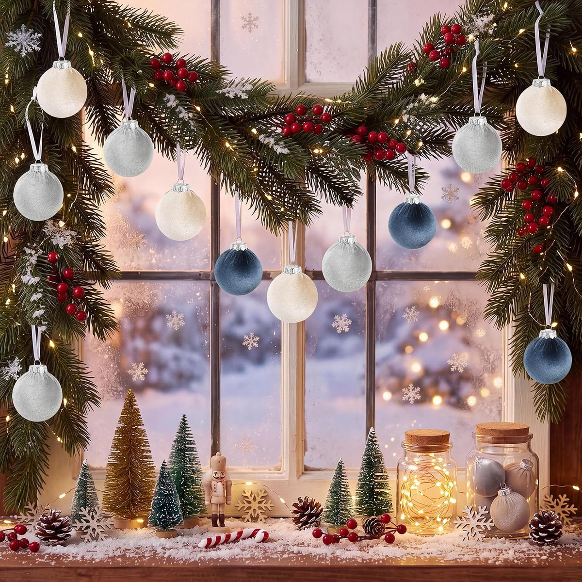 IPOPU 3.15in 15Pcs Dusty Blue Velvet Christmas Ornament Balls for Festival