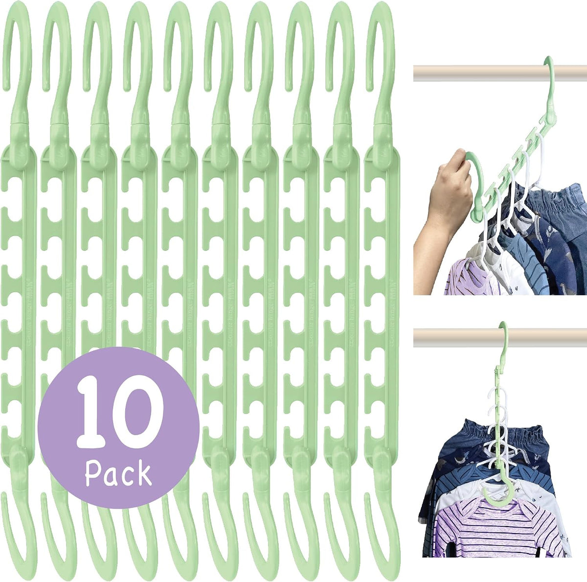 Wonder Hanger Max Space Saving Hangers, 10-Pack, 360° Hooks, Pastel Green