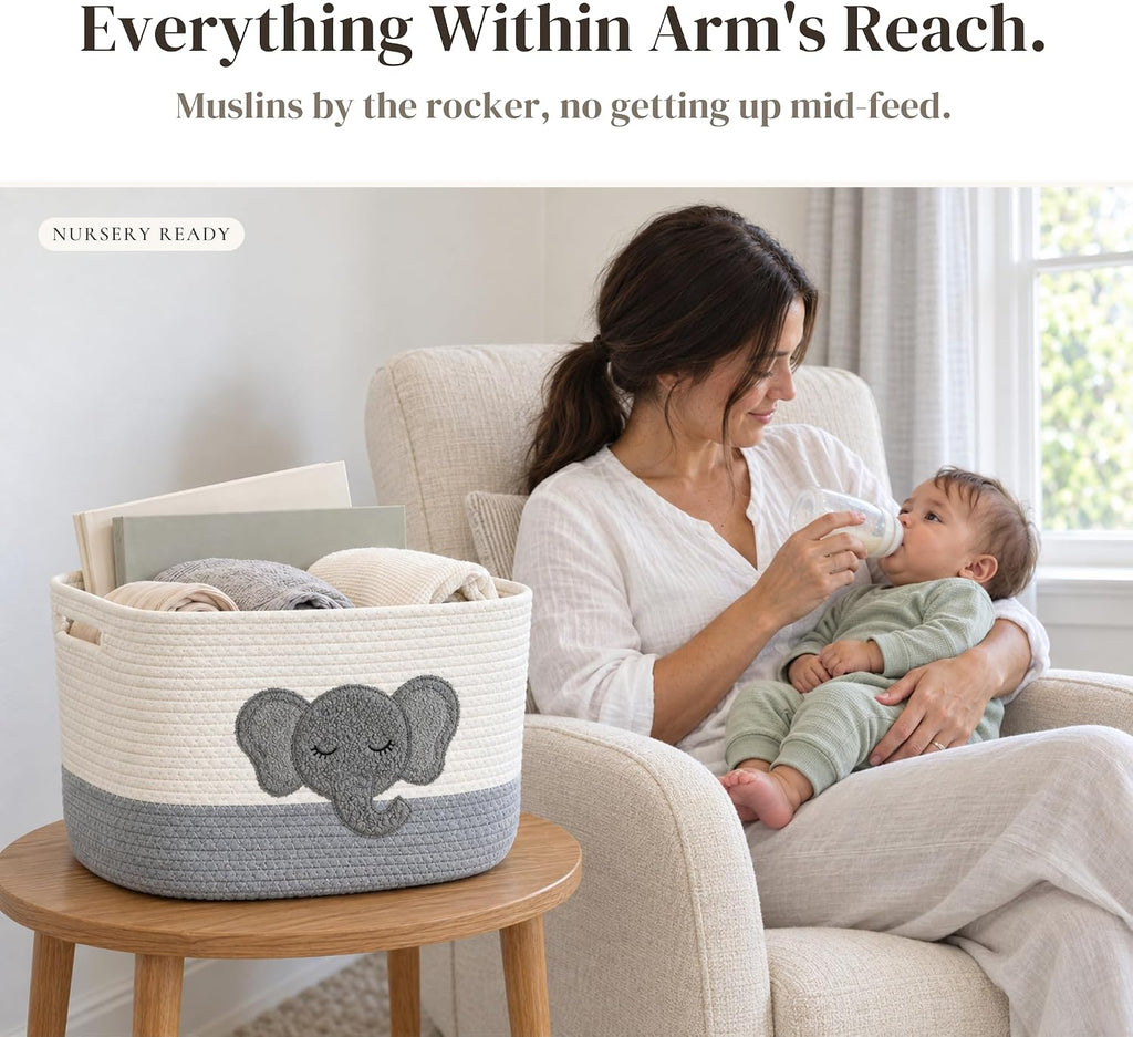 Elephant Baby Storage Basket, Woven Cotton Rope Nursery Bin, 13x10x9 in