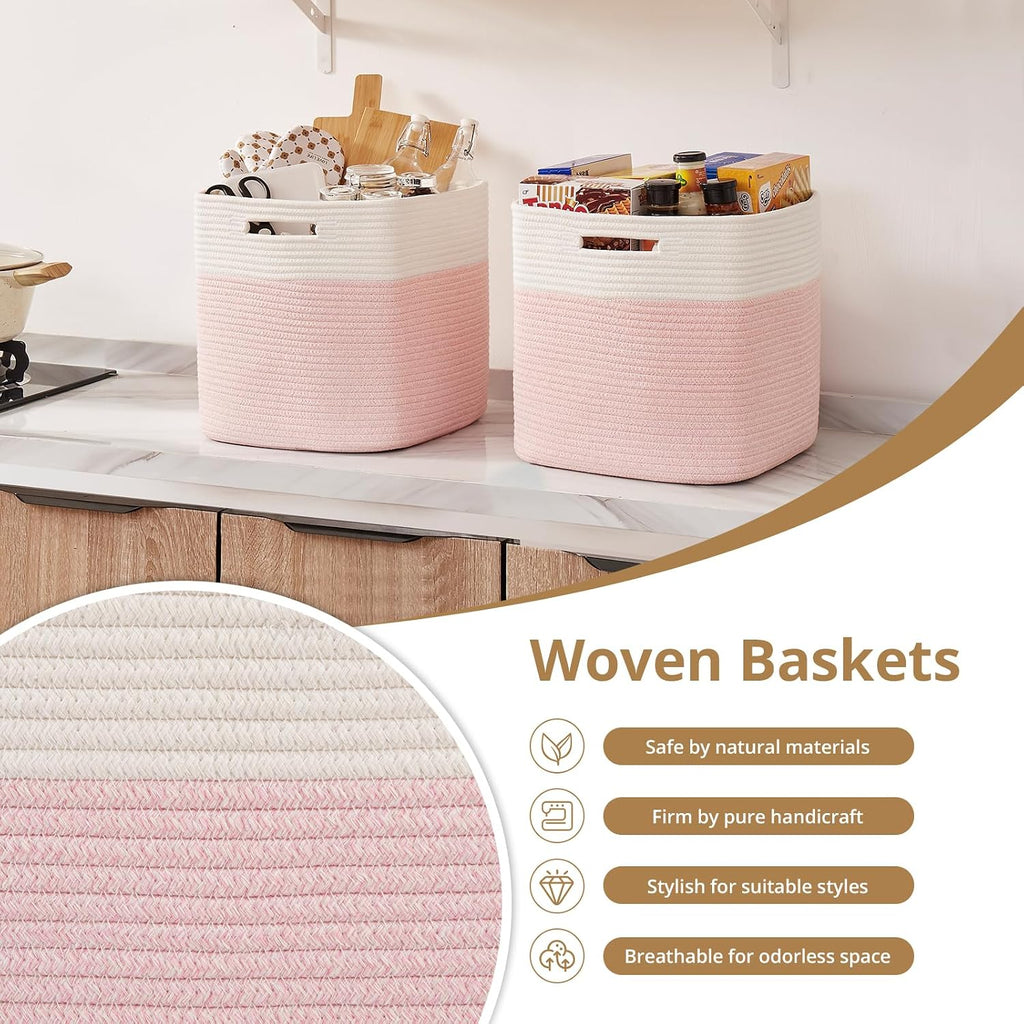 OIAHOMY 13 Inch Cube Storage Bins, 3-Pack Cotton Rope Woven Baskets for Organizing, Insert Storage Baskets for Shelves, Baby Nursery, Closet Organizer, 13 * 13 * 12.6IN, Pink & White