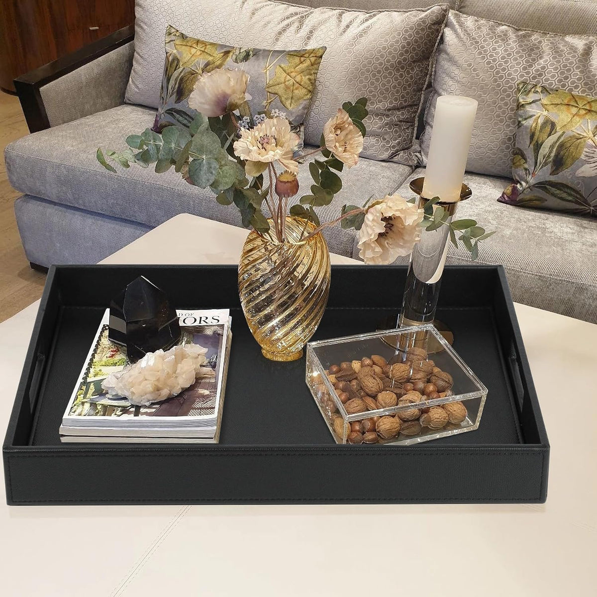 HofferRuffer Rectangle Serving Tray with Hole Handles for Coffee Table, Breakfast, Tea, Food, Butler - Countertop, Kitchen, Vanity Serve Tray, 16.2 x 12.2 x 2 inches, Faux Leather Tray (Black)