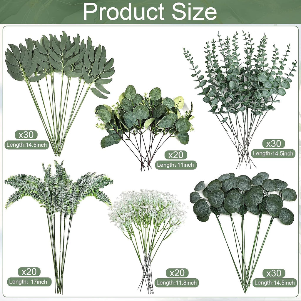150Pcs Greenery Artificial Eucalyptus Stems Leaves Bulk, 6 Kinds