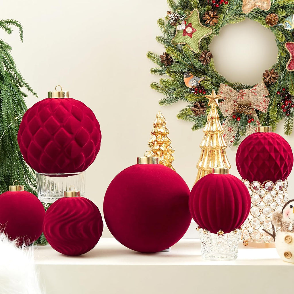 Large Velvet Christmas Ball Ornaments - 6 Inch Flocked Christmas Balls Shatterproof Decorative Hanging Ornaments Set for Xmas Tree Holiday Wedding Party Decor (Burgundy, 2pcs)