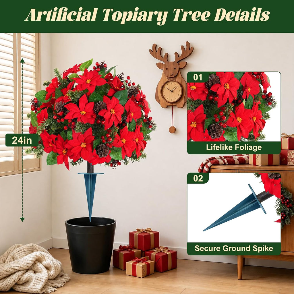 Yangrass 2PCS Poinsettia Pine Cone Topiary Trees with Spike Christmas Decor