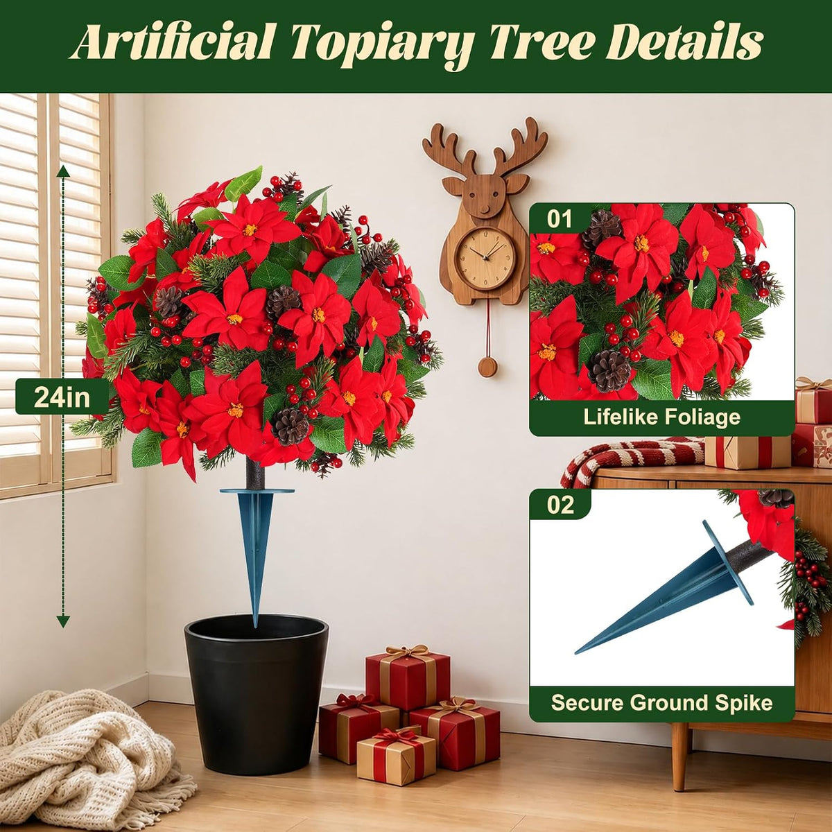 Yangrass 2PCS Poinsettia Pine Cone Topiary Trees with Spike Christmas Decor